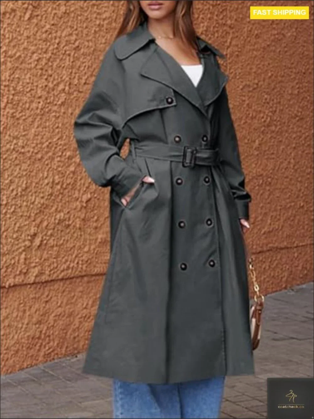 Oversized Double Breasted Trench Coat Classic Elegant Chic Belted Overcoat - Picture 5 of 7